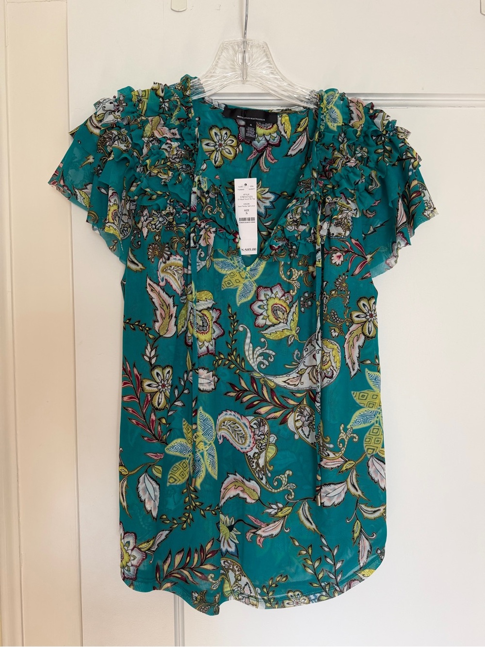 WHITE HOUSE BLACK MARKET ruffle split neck mesh top Sarai paisley -S-NWT!
